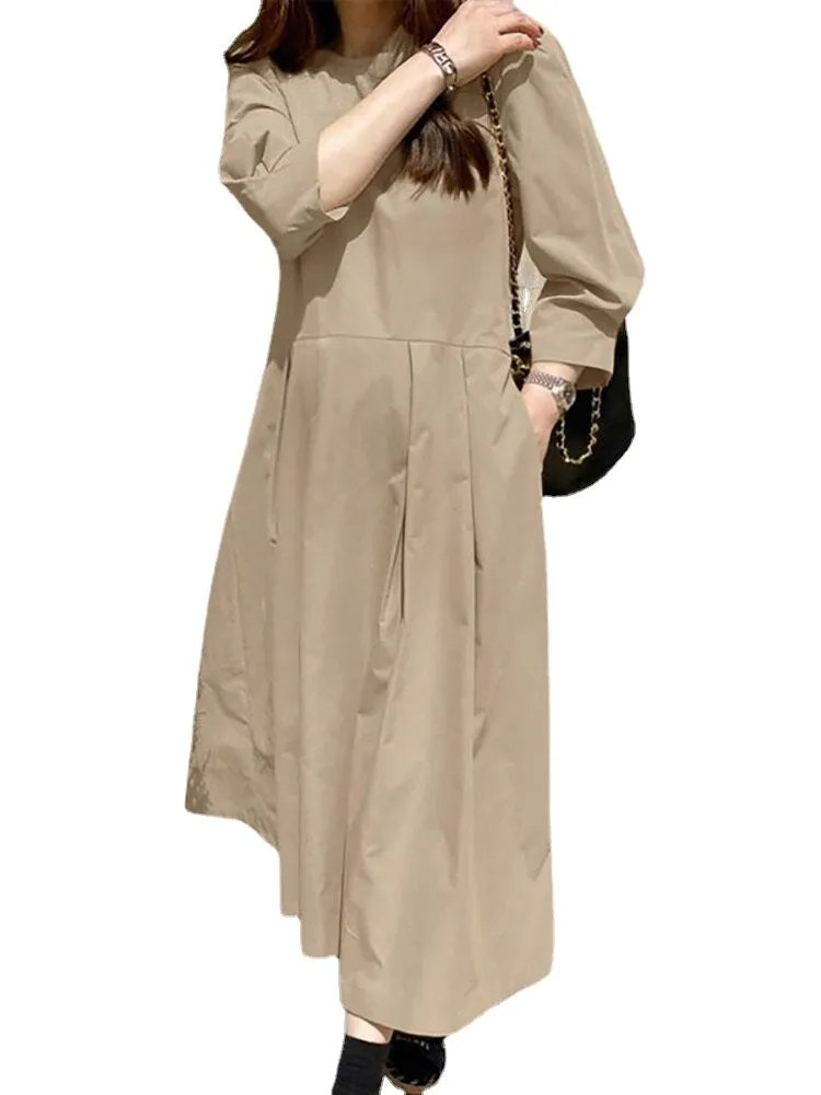 Women Long Sleeve Shirt Pockets Solid Ankle Length Midi Dresses