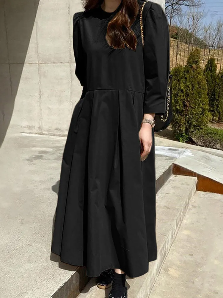 Women Long Sleeve Shirt Pockets Solid Ankle Length Midi Dresses