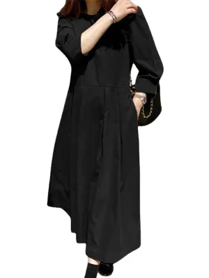 Women Long Sleeve Shirt Pockets Solid Ankle Length Midi Dresses