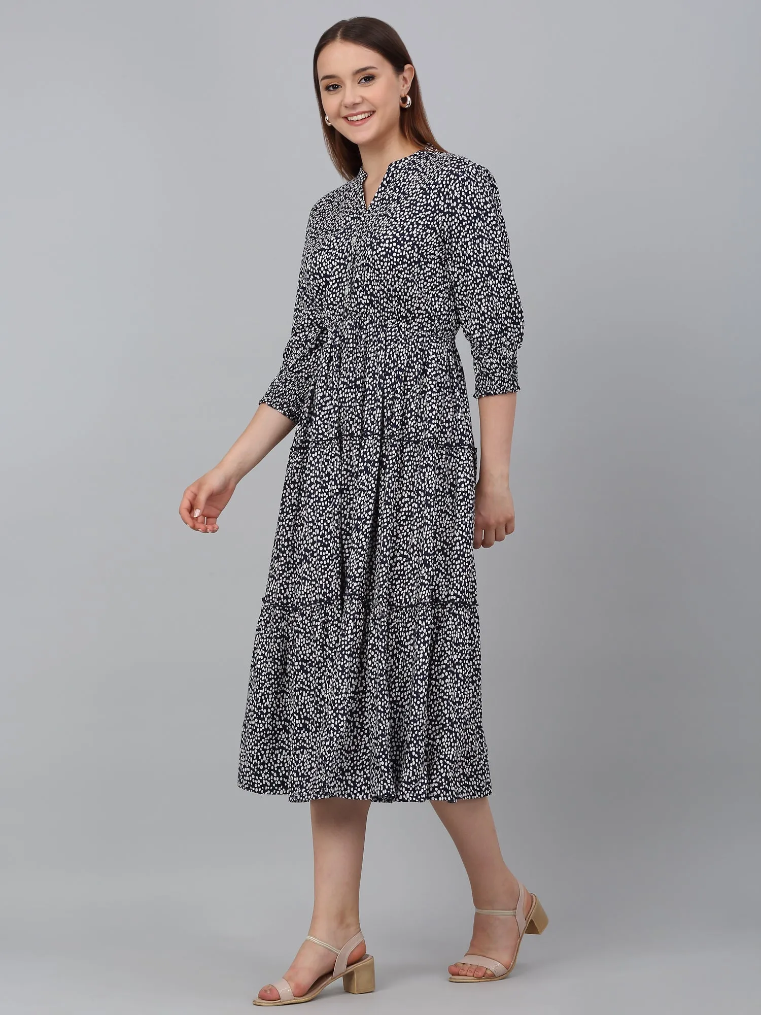 Women's Blue Printed Mandarin Collar Casual Dress