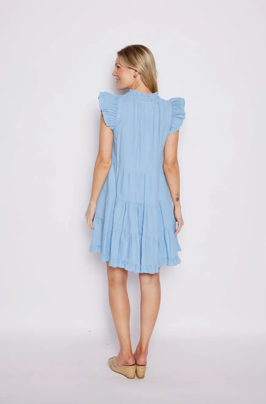 Ws Ruffle Neck Dress Lt. Chambray