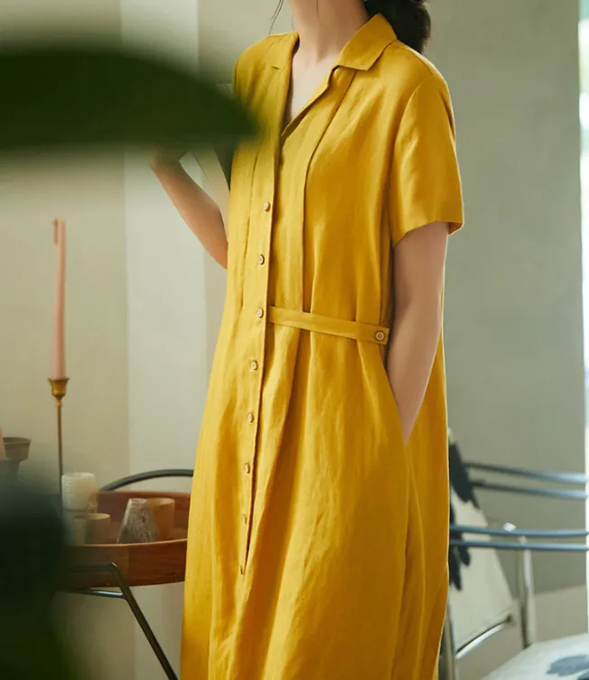 Yellow Women Dresses Casual Shirt Summer Linen Women Dresses SJ97215