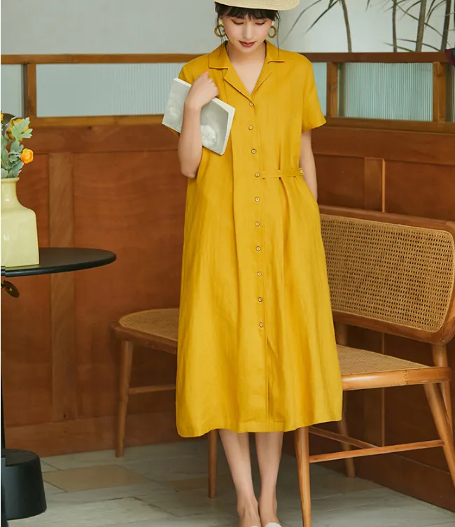 Yellow Women Dresses Casual Shirt Summer Linen Women Dresses SJ97215