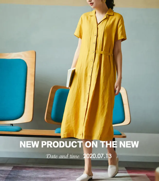 Yellow Women Dresses Casual Shirt Summer Linen Women Dresses SJ97215